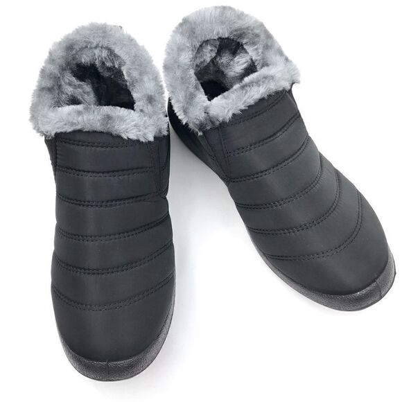 BJ Black Quilted Faux Fur Lined Soft Sole Flat Ankle Waterproof Slipper Shoes - Picture 4 of 16